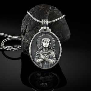 Silver Virgin Mary Immaculate Mens Necklace, Silver Virgin Mary Pendant, Holy Mother Man Medallion, Religious Jewelry, Christian Mens Charm,