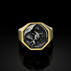 Handmade Dragon Men Ring, Gold Plated Signet Dragon Ring, 925 Silver Winged Dragon Ring, Sterling Silver Wedding Men Jewelry, Ring For Mens