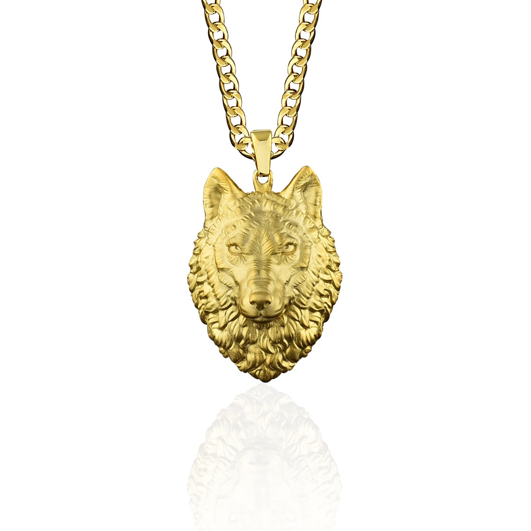 Gold Wolf Necklace, 14K Gold Mens Wolf Pendant With Cuban Chain