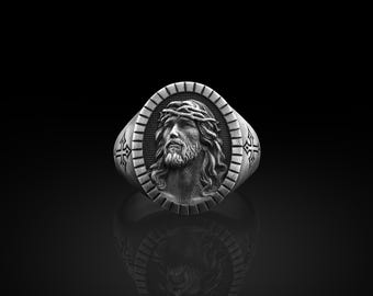 Sterling Silver Signet Jesus Ring For Mens, Silver Savior Jesus Gift Ring, Christian Messiah Jewelry, Protection Ring, Christian Man Gift