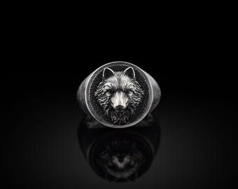 Wolf Handmade Signet Ring, Sterling Silver Wolf Pinky Men Ring, Silver Wolf Head Jewelry, 3D Wolf Head Gift, Animal Ring, Memorial Men Gift