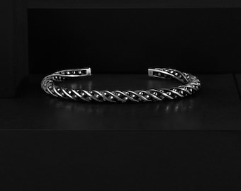 Sterling Silver Minimalist Twisted Men's Cuff Bracelet, Handmade Luxury Anniversary Gift Jewelry for Boyfriend