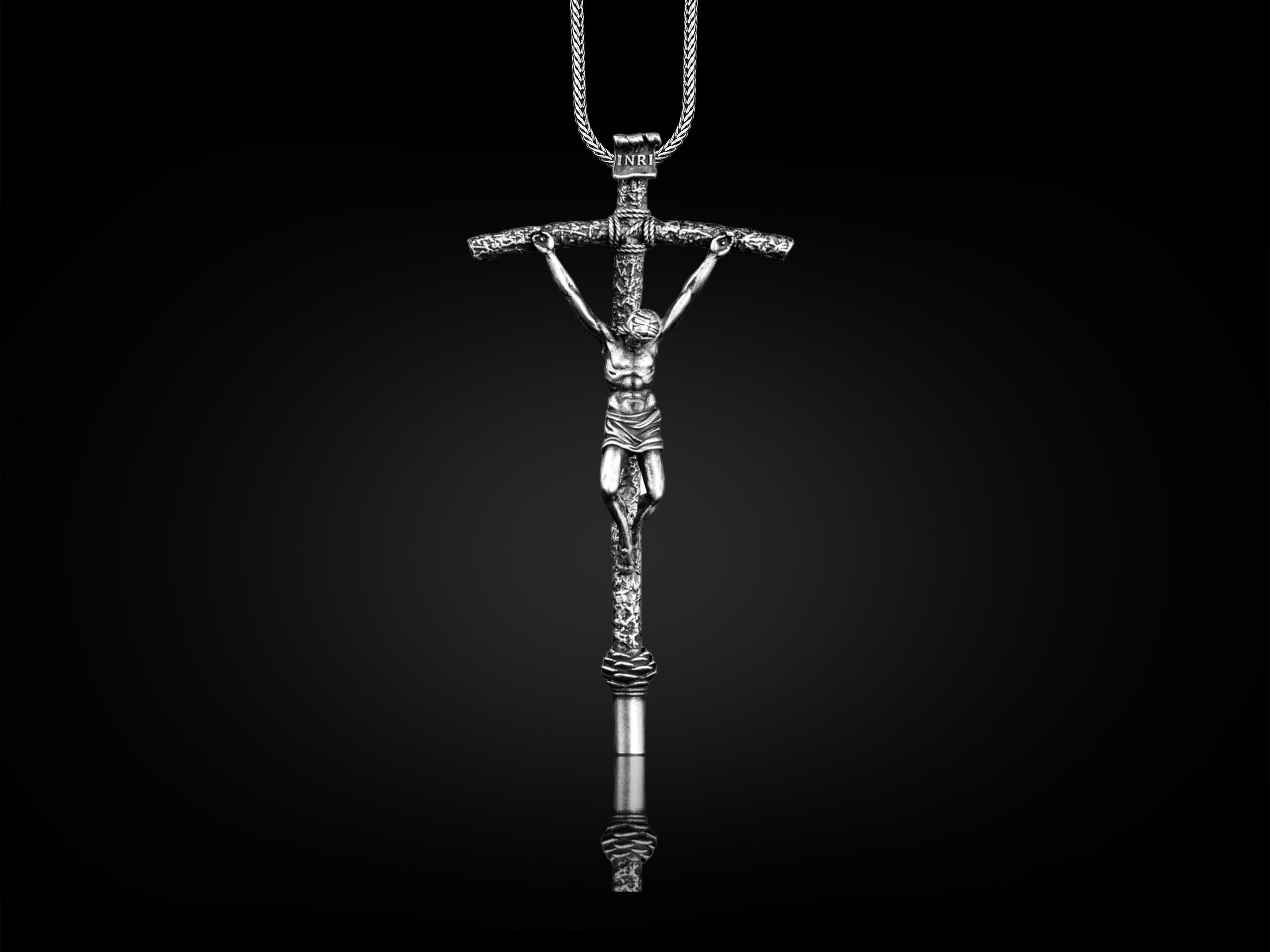 Papal Crucifix Cross Necklace for Men, Sterling Silver Jesus