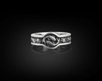 Bague nature pour homme poisson koi et lotus, bague animal et botanique en argent sterling, alliance florale pour homme, bijoux Poissons, cadeau Poissons