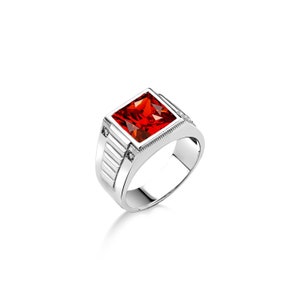 Ruby stone minimalist signet ring for men in sterling silver, Big square cut ruby stone ring for dad, Large clear ruby cocktail ring for men