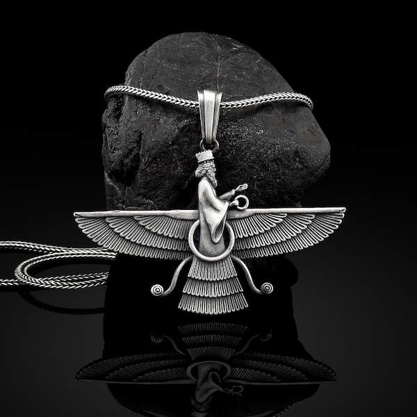 Faravahar Ahura Mazda Handmade Silver Necklace, Ancient Persia Silver Men Jewelry, Ahura Mazda Sterling Silver Pendant, Mythology Mens Gift