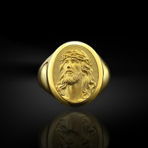 Crown of thorns jesus christ ring in 14k gold, Jesus head mens signet ring in 18k gold, Unique faith ring for husband, Anniversary gift