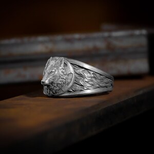 BySilverStone Howling Wolf Men's Ring - Handmade Sterling Silver Band With Moon & Forest Design