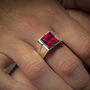 Red ruby silver statement gemstone ring for men, Clear ruby mens solitaire ring for men in 925 silver, Square cut ruby stone ring for men