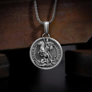 Saint George and serpent pendant necklace for men in silver, Solid St George slaying the dragon round medal, St George killing the dragon