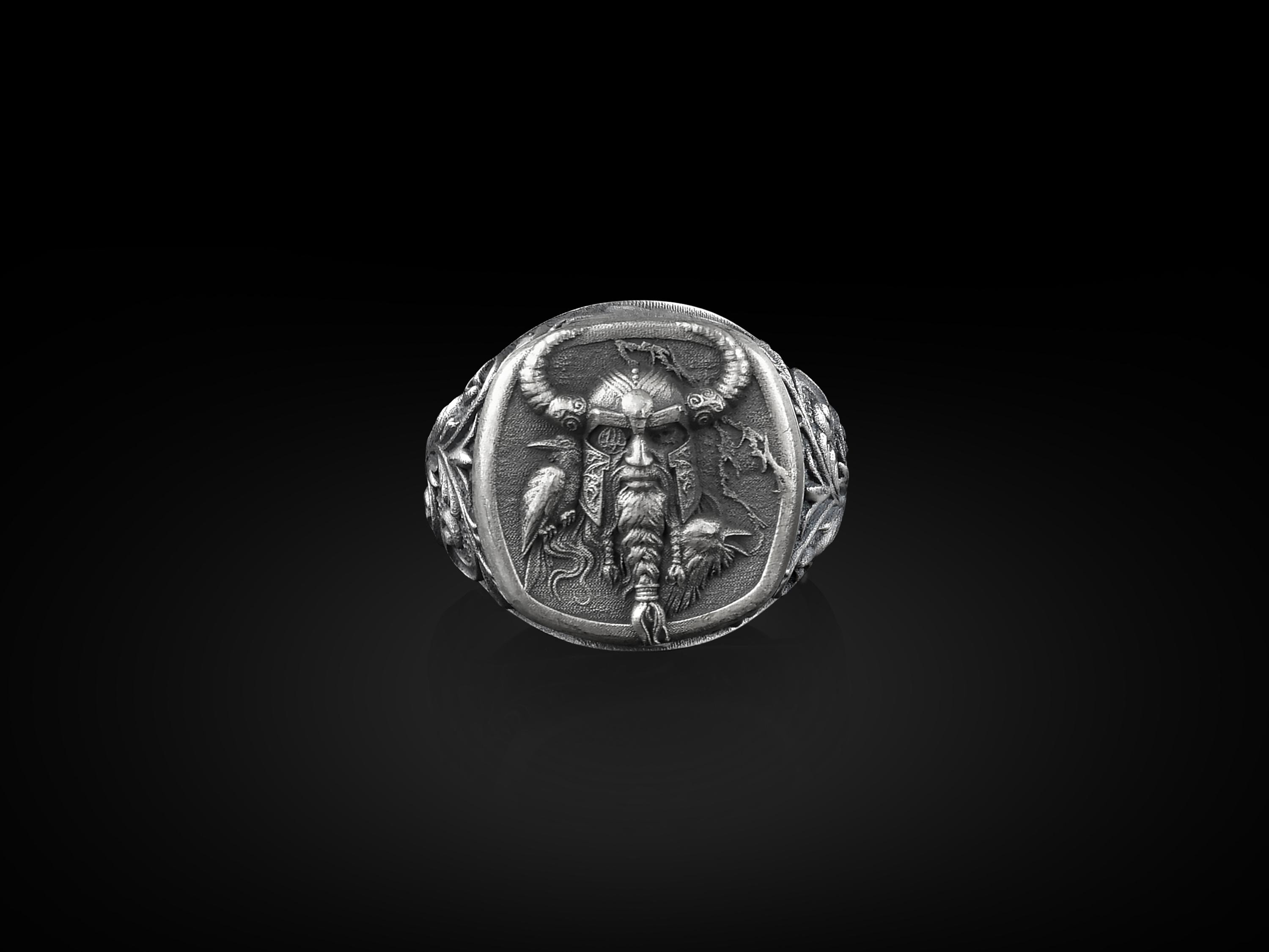 Odin the Viking God with Ravens, Scandinavian Mythology, Sterling Silver Square Signet Ring, Gold Signet Ring for Men and Women,
