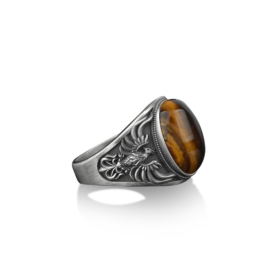 Phoenix Bird Tiger's Eye Gemstone Signet Man Ring, Greek Mythology