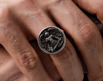 Archangel Michael Extraordinary Signet Men's Ring in Sterling Silver, Unique Religious Personalized Rings Jewelry