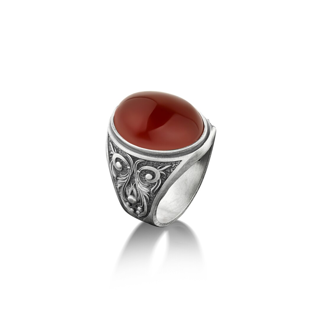 Victorian Style Engraved Men Carnelian Ring, Large Red Agate Stone ...