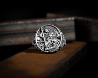 Sterling Silver Signet Men Ring With Saint Christopher and Baby