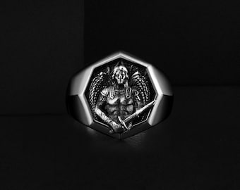 Saint Michael Archangel Oxidized Silver Men's Ring, Unique Luxury Sterling Silver Religious Gift Jewelry Rings