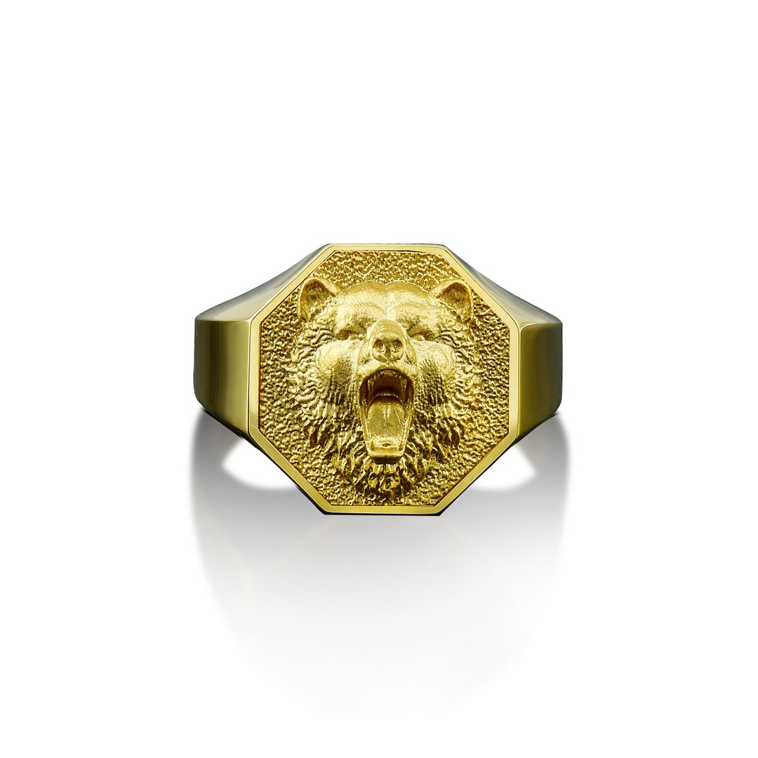 Bear 14k Gold Signet Ring in Octagon, 18k Gold Mens Animal Signet Ring for  Husband Birthday Gift, Geometric Gold Ring - Etsy