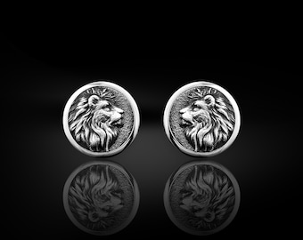 Sterling silver lion cufflinks for men, Polished silver lion head cufflinks, Unique gift for husband, Leo zodiac cufflinks, wedding men gift