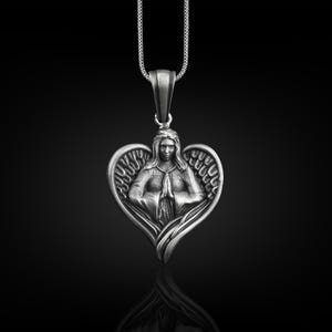 Praying angel in heart pendant necklace in sterling silver, Archangel necklace for mama, Spiritual necklace for wife