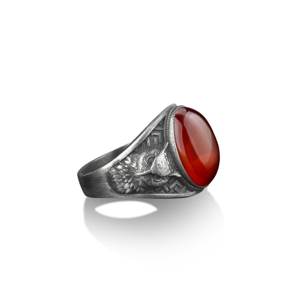 925 sterling silver owl and the stripes engraved red agate ring for men, Nocturnal bird signet ring for him, Carnelian gemstone owl man ring