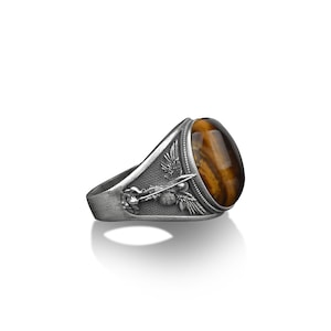 Archangel saint Michael silver men ring, Archangel tiger&#39;s eye man ring, St Micheal signet ring, St Michael is commander of the army of god