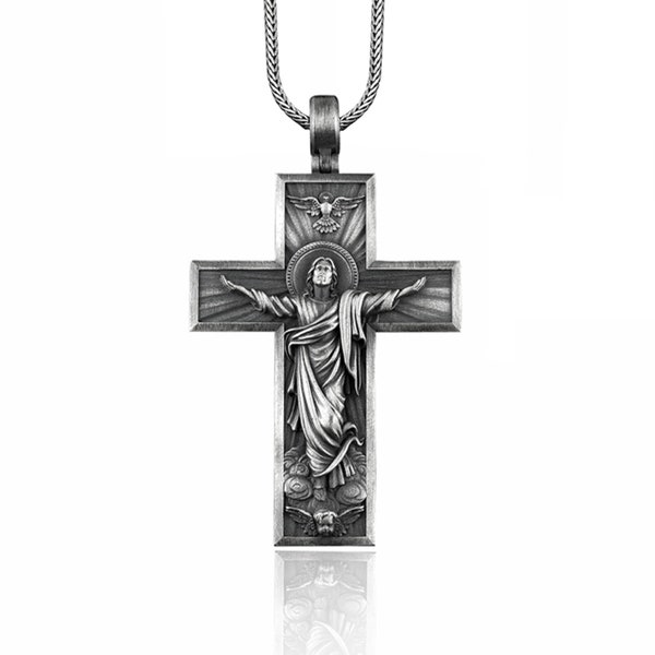 Ascension Cross Silver Necklace, Cross Silver Ascension of Christ Jesus Pendant, Christian Crucifix Necklace, Religious Jesus Crucifix Gift