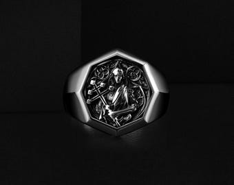 Saint Michael Gabriel Engraved Silver Ring for Men, Handmade Sterling Silver Christian Saints Rings Jewelry
