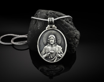Silver Jesus Sacred Heart Mens Necklace, Savior Jesus Medallion, Religious Jewelry, Sacred Heart Men Necklace, Silver Catholic Gift Necklace