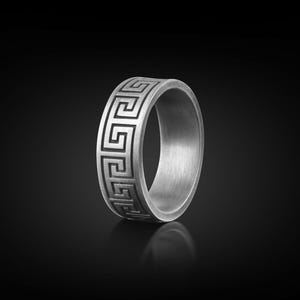 Altgriechisch Mäander Versprechen Ring Männer, griechische Herren Ehering aus oxidiertem Sterling Silber, Mythologie Ring für Papa, Stapelring