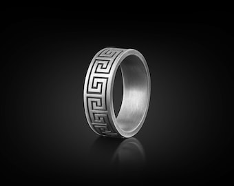 Ancient Greek Meander Promise Ring Men, Grecian Mens Wedding Band Ring in Oxidized Sterling Silver, Mythology Ring For Dad, Stacking Ring