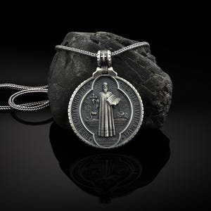 Saint Benedict Necklace,  Christian Saint Benedict Medallion, Saint Benedict Men Pendant, Silver Saint Benedict, Religious Silver Mens Gift