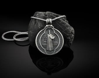 Saint Benedict Necklace,  Christian Saint Benedict Medallion, Saint Benedict Men Pendant, Silver Saint Benedict, Religious Silver Mens Gift