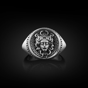 Medusa Pinky Signet Ring For Men, Greek Mythology Engraved Gorgon Ring in Silver, Fantasy Serpent Ring For Boyfriend, Ancient Ring For Dad