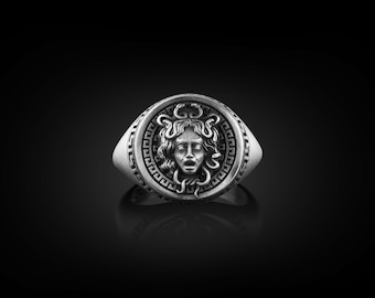 Medusa Pinky Signet Ring For Men, Greek Mythology Engraved Gorgon Ring in Silver, Fantasy Serpent Ring For Boyfriend, Ancient Ring For Dad