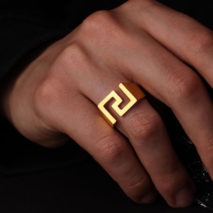 14k solid gold custom engraved meander men ring, Handmade 10k gold unique pinky men ring, Greek men gold ring for dad, 21k gold fashion ring