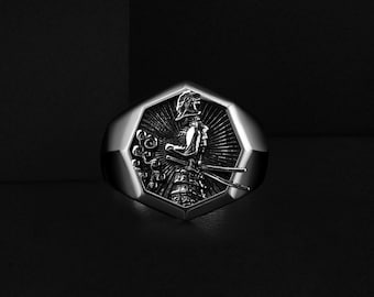 Japanese Samurai Engraved Signet Men's Ring with Lotus Flowers, Handmade Luxury Wedding Gift Rings Jewelry