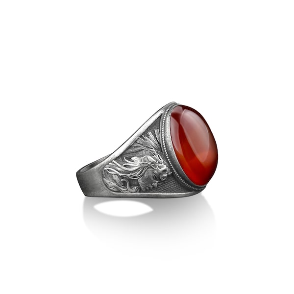 925 sterling silver native american chief with carnelian stone men ring, Red agate engraved gemstone ring for men, Agate signet man ring