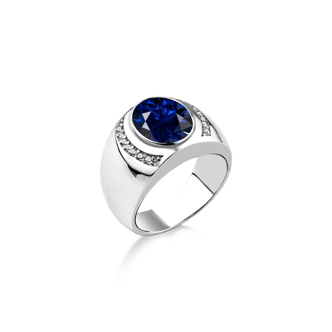 Sterling Silver Blue Sapphire Ring for Men and Cubic Zirconia, Unique ...