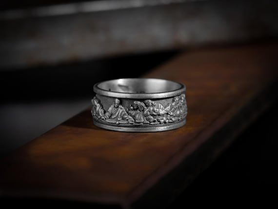 Last Supper by Da Vinci Faith Silver Wedding Man Ring, Jesus and