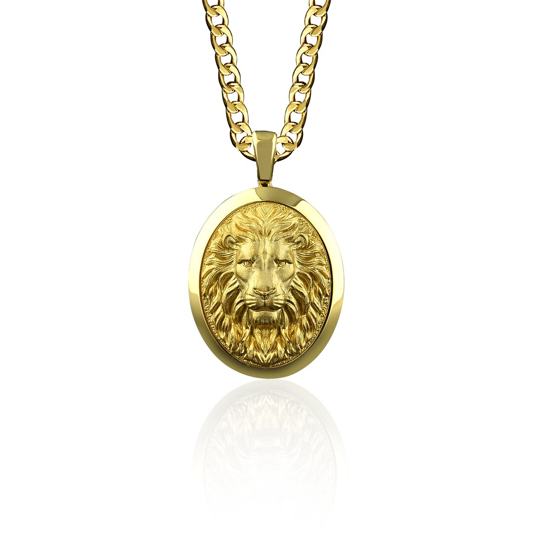 Personalized Gold Mens Lion Necklace, 18K Gold Oval Lion Pendant, Mens Gold 3D Lion Necklace