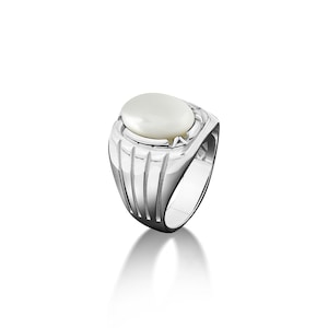 Handmade wedding ring with oval pearl stone in 925 sterling silver, Wide band ring with oval moonstone, White agate gift ring for mens