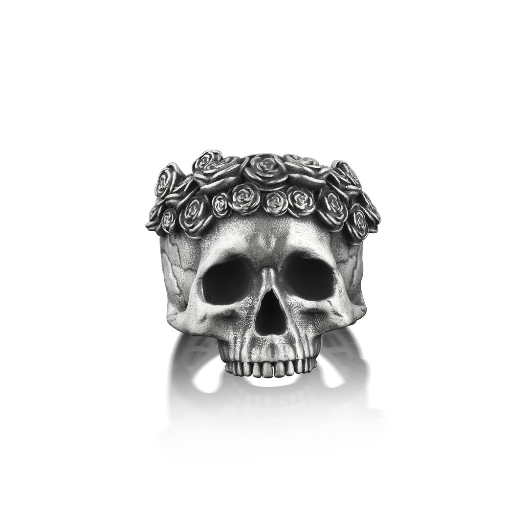 Skull With Rose Crown Mens Gothic Ring, One of A Kind Floral Goth Ring