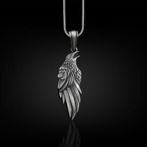 Bird of Prophecy Raven Necklace, Oxidized Crow Mens Pendant in Sterling Silver, Cool Male Necklace For Boyfriend, Animal Necklace For Dad