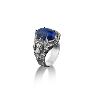 925 sterling silver oval lapis lazuli handmade ring for mens, One of a kind lion animal lapis ring, Zodiac sign leo ring with blue lapis