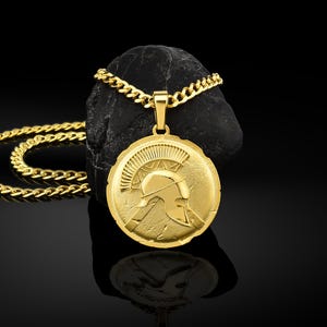 Solid gold spartan men shield charm necklace, Spartan helmet 18kgold gift pendant with cuban chain, 10k gold greek jewelry, Gift for mens