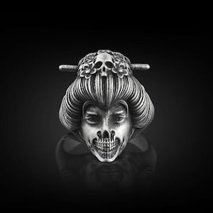 Geisha Japanese Art Gothic Ring, Artistic Ring in Punk Style, Extraordinary Mens Skull Ring in Silver, Goth Jewelry For Men, Cool Ring