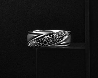Sterling Silver Men's Ring Volcanic Rock Texture Band Ring, Black Oxidized Lava Wedding Jewelry Gift Rings