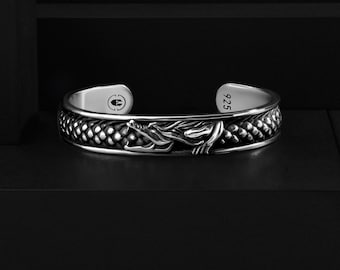 Ouroboros Dragon Cuff Bracelet for Men in Solid Silver, Customizable Gothic Wedding Gift Jewelry
