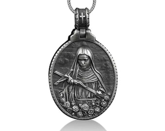 Saint rita of cascia pendant necklace for men in silver, Protection necklace for mama, Religious necklace for christian