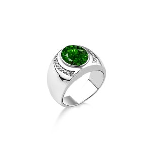 Big silver ring for men with green emerald and cubic zirconia, Unique men elegant ring with green gemstone, Wide band ring, Signet men rings